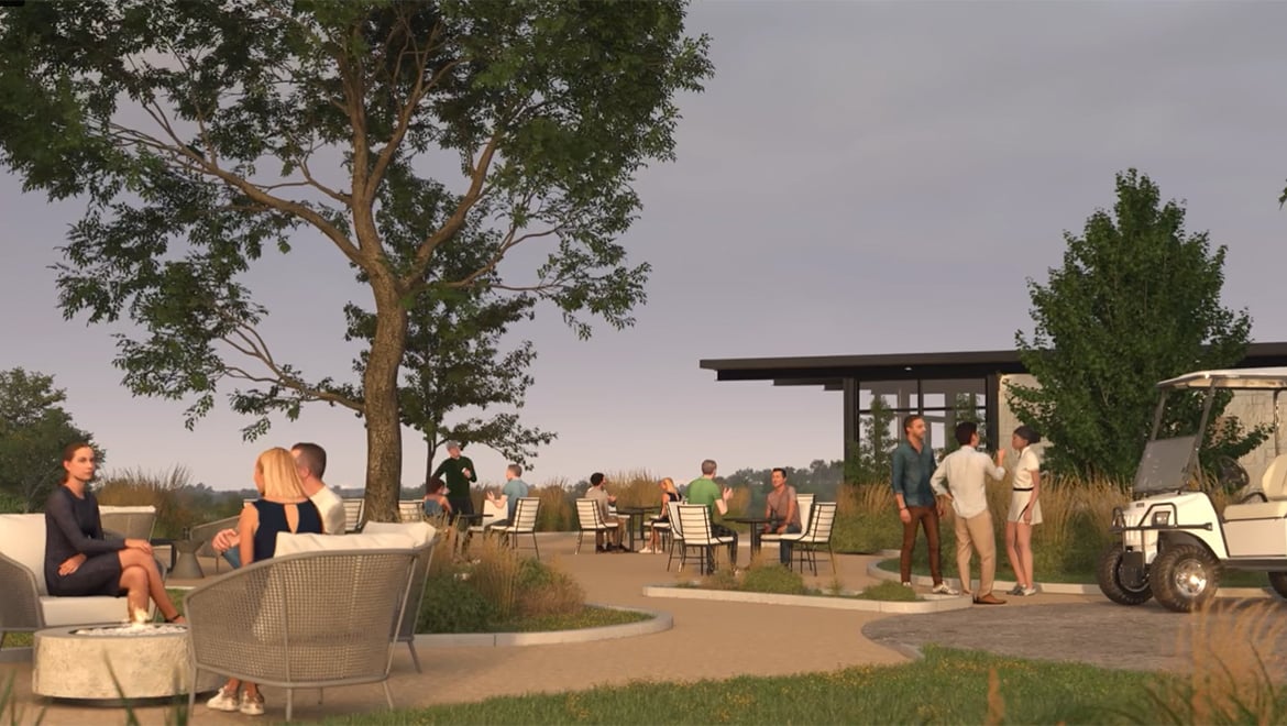 A rendering of a resort patio event space with group seating and cocktail tables, shaded by a large tree and a building overhang.