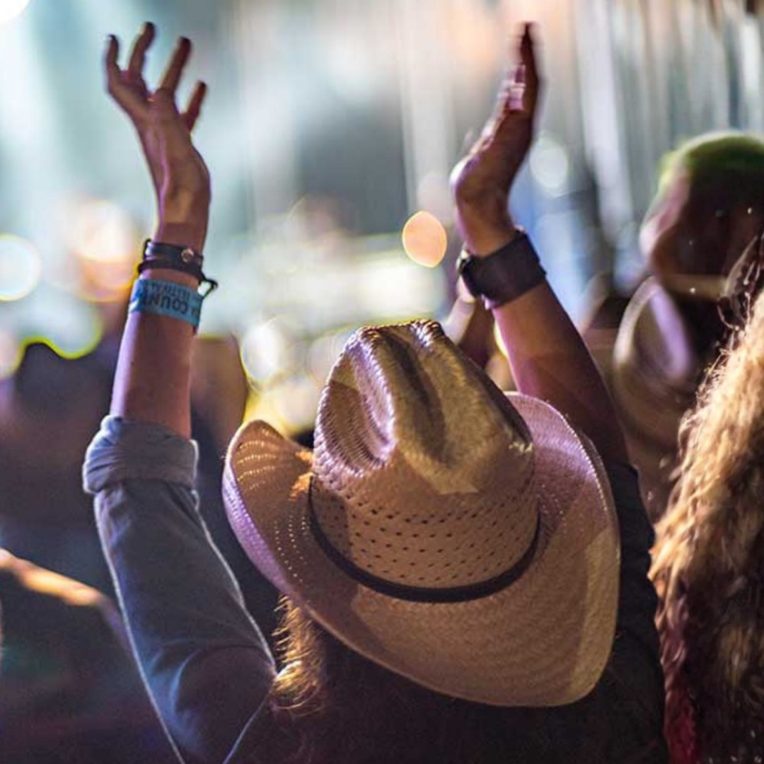 The back of a person wearing a straw cowboy hat with their hands raised in the air at a concert or festival.